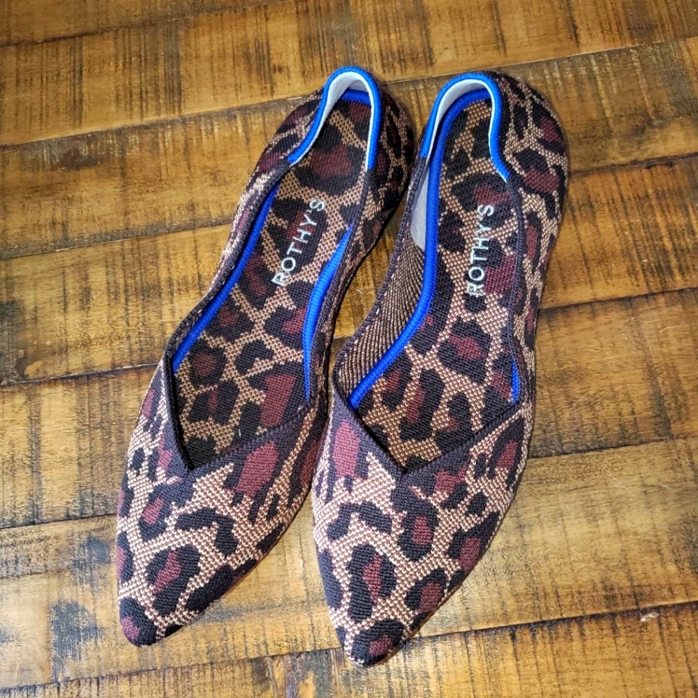 Rothy's Leopard Print Pointed Flats with Blue Trim